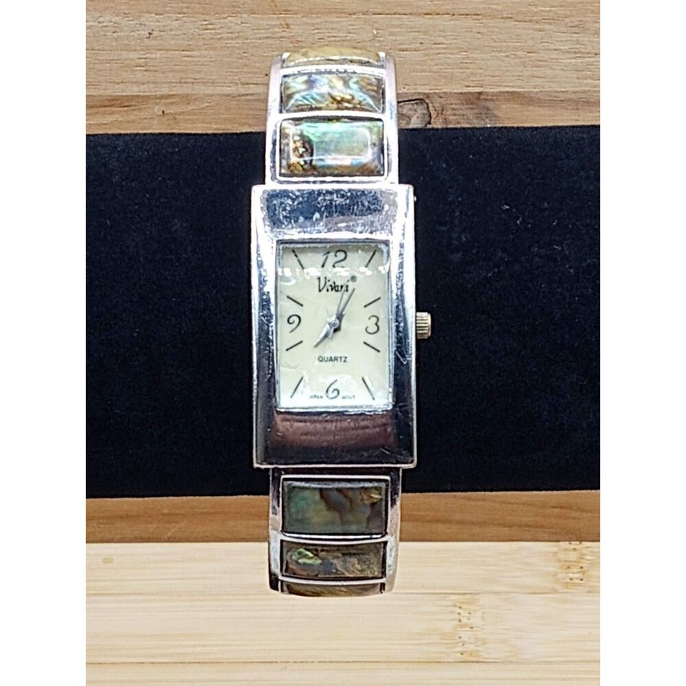 1980s Accutime K977 Vivani Abalone Inset Vintage Cuff Bracelet Watch